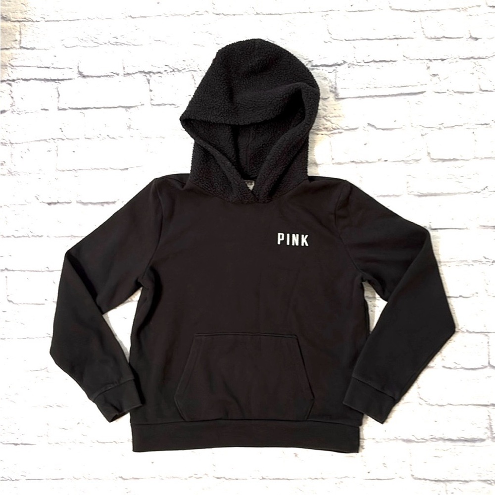 PINK Victoria’s Secret Black Hoodie Sweatshirt Sherpa Fleece Hood Size Large